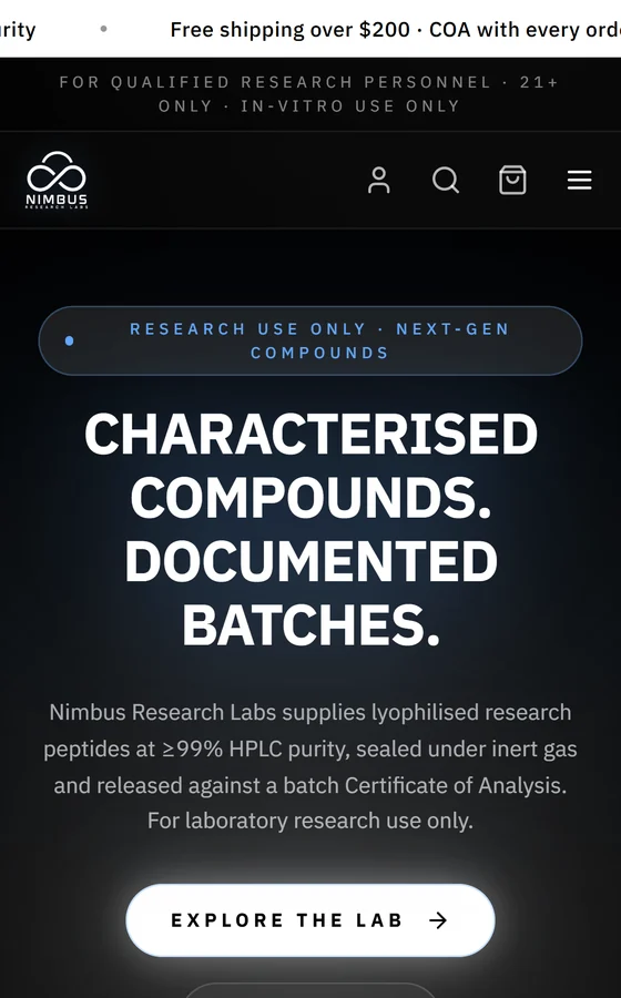 The Nimbus Research Labs store home page on a phone