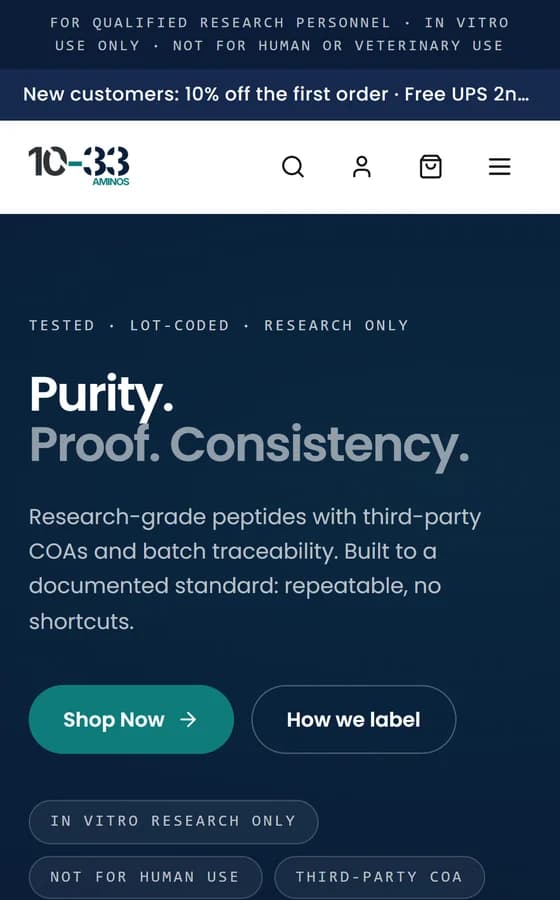 The 10-33 Aminos store home page on a phone